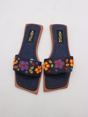 NWOB Mystique Blue Flowers Women's Size 8 Blue Yellow Sandals Slip On Flats